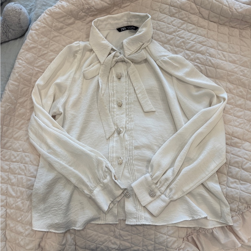 Zara Cream Button-Up Shirt with bow tie